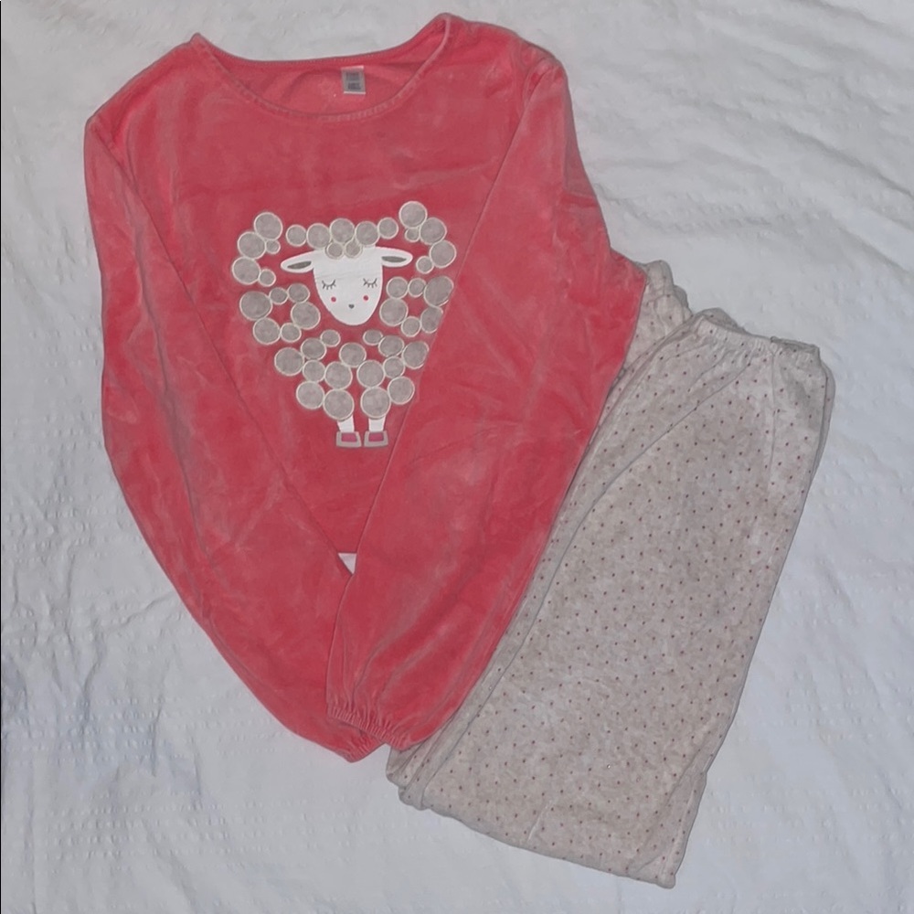 Okaidi Pink and Oatmeal Sheep Velour Children’s Pajama Set